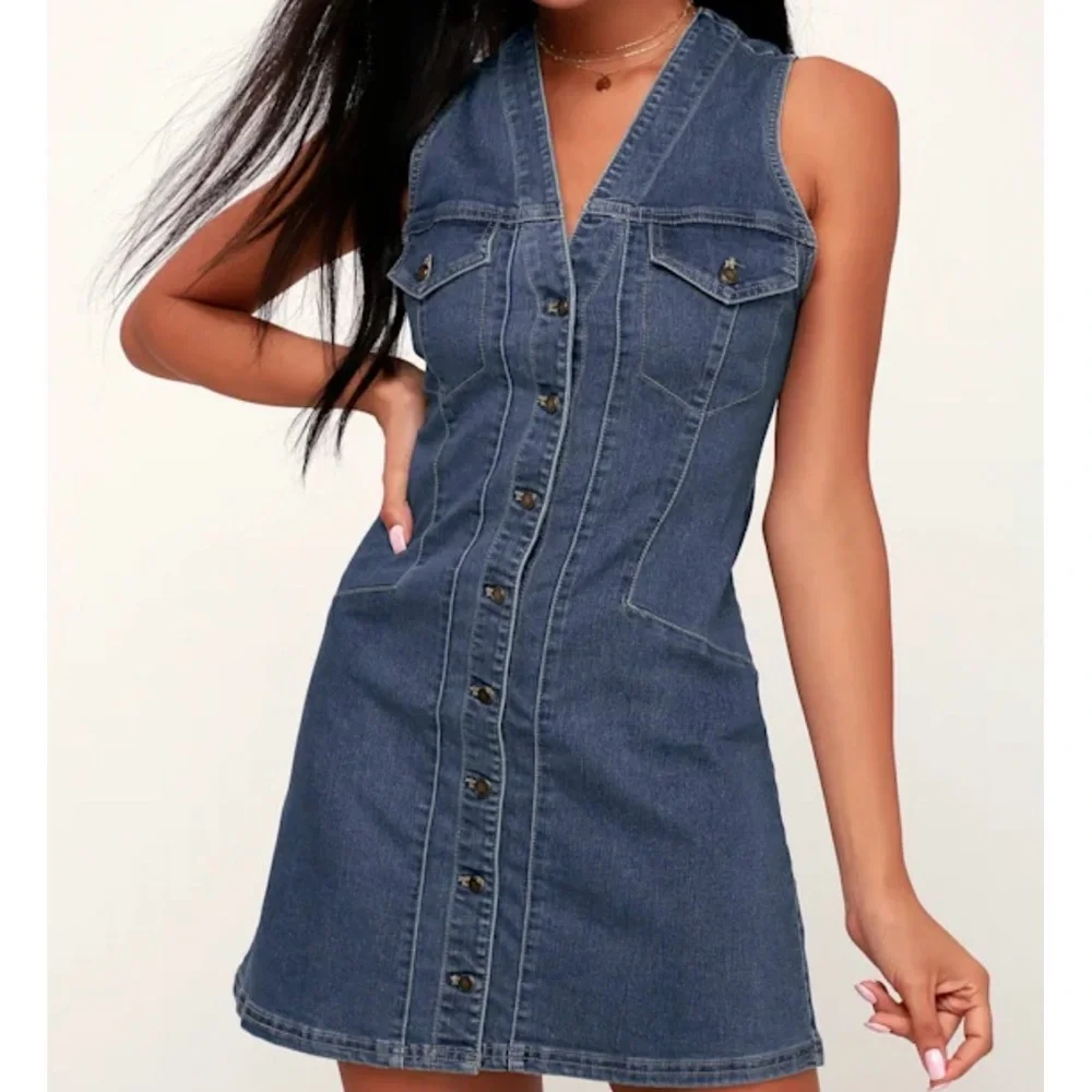 Free People Wandering Star Denim Mini Dress Size 6 - Picture 2 of 5